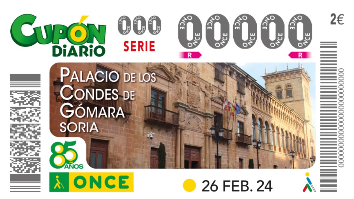 Cupón de la ONCE con la imagen del Palacio de los Condes de Gómara.
