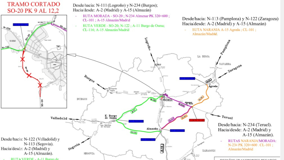 Desvíos habilitados por el corte en la variante de Soria.