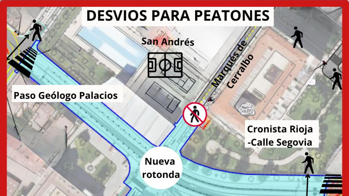 Mapa de cómo queda la circulación de peatones en el entorno de la futura rotonda de Eduardo Saavedra.