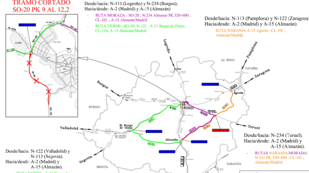 Mapa de los desvíos por los cortes al tráfico en la variante de Soria.