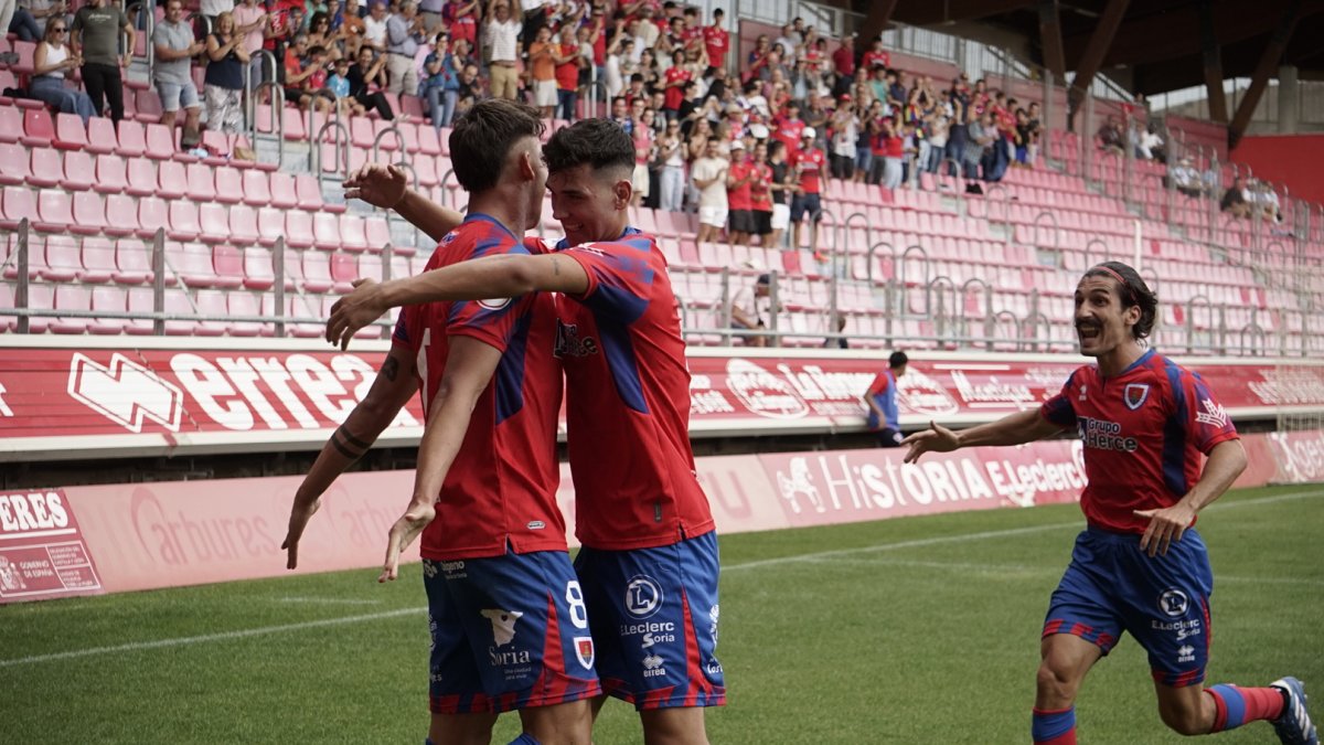 Los jugadores del Numancia celebrando el que era el momentáneo 1-0 obra de Ribeiro.
