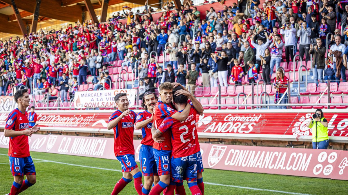 Los jugadores del Numancia celebran uno de los goles anotados esta temporada en Los Pajaritos.