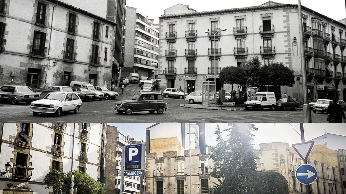 Arriba, el edificio de la plaza Jurados de Cuadrilla. Abajo, imagen actual.