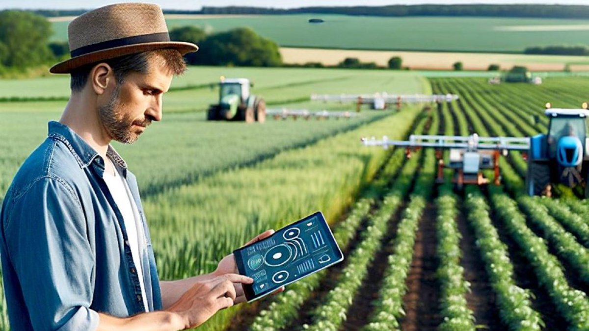 Imagen de un agricultor vigilando su explotación con inteligencia artificial generada por IA