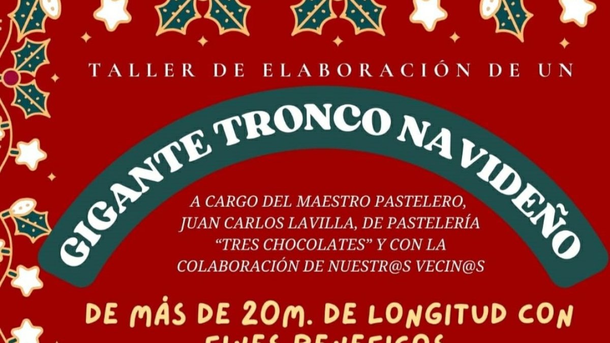 Detalle del cartel de la Feria de Gastronomía y Artesanía Navideña con la elaboración de un tronco de Navidad gigante.