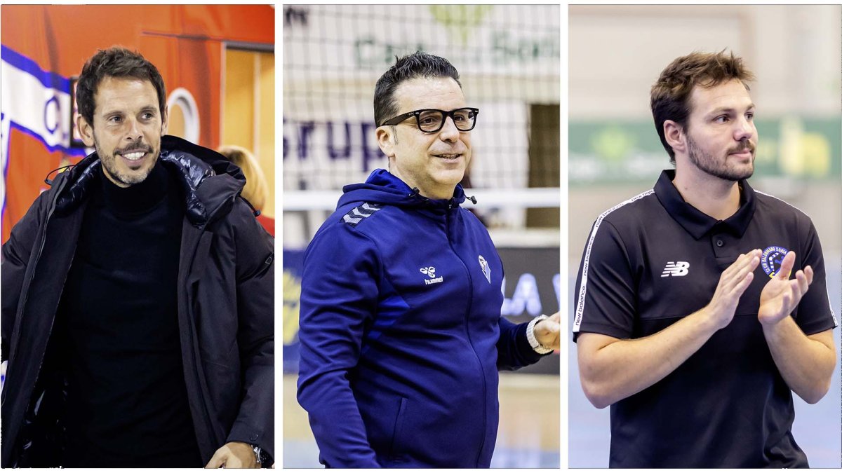 Los entrenadores de C.D. Numancia, C.V. Grupo Herce Río Duero y Balonmano Soria, Aitor Calle, Alberto Toribio y Oriol Castellarnau.