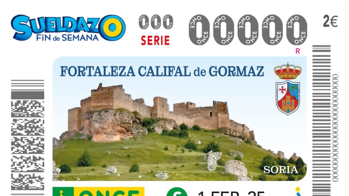 Cupón de la ONCE con la imagen de la Fortaleza Califal de Gormaz.