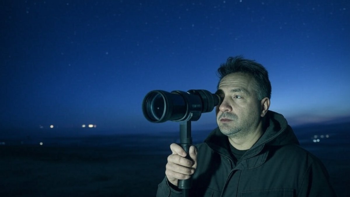 Una persona mira por un pequeño telescopio en una imagen generada por IA.