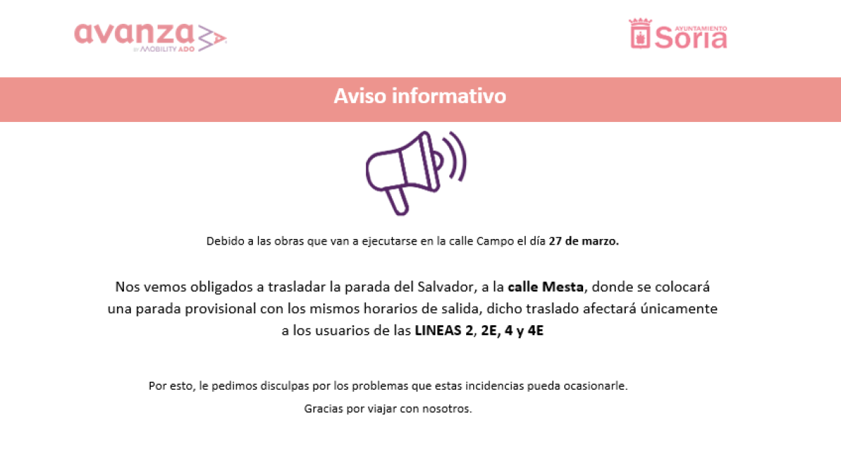 Cartel anunciando el cambio de parada.