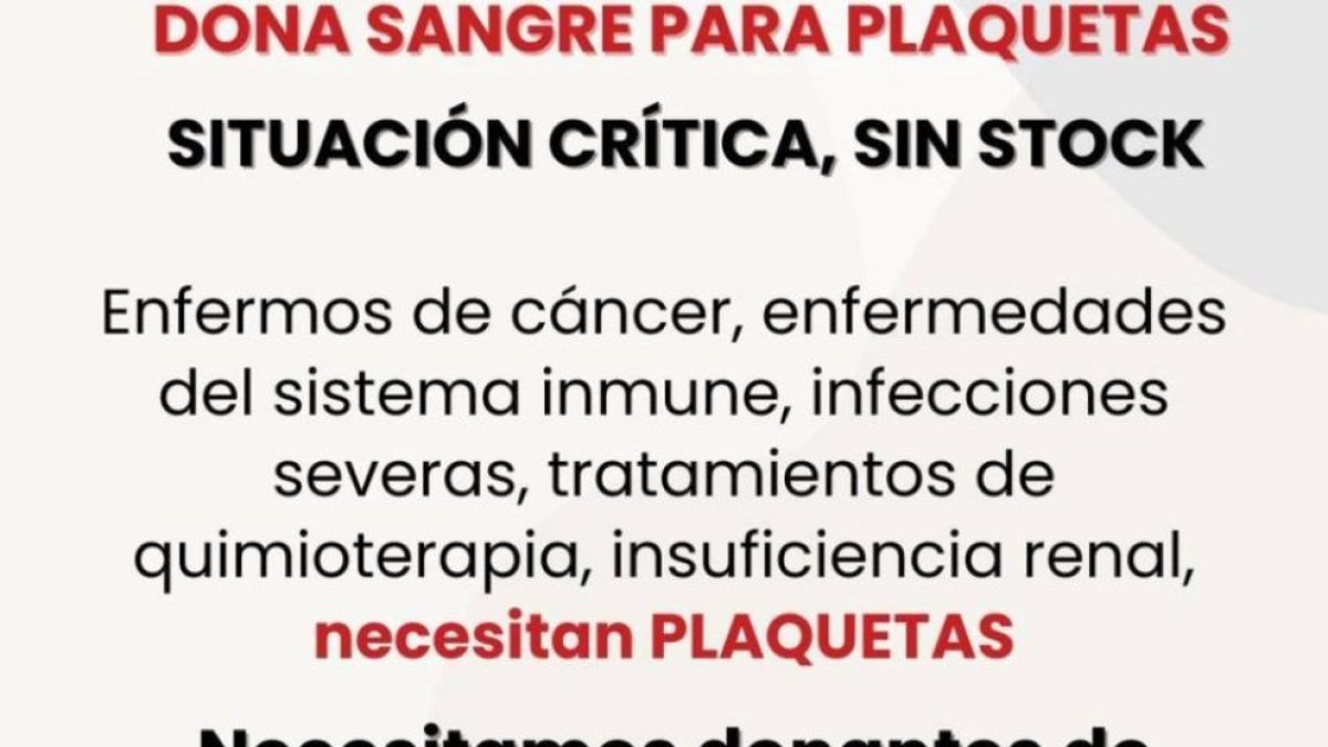 Llamamiento del Chemcyl para la donación urgente de plaquetas.
