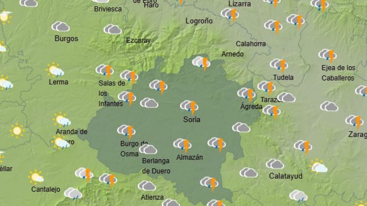 Mapa de la provincia con la predicción meteorológica en la franja horaria de las 14 horas.