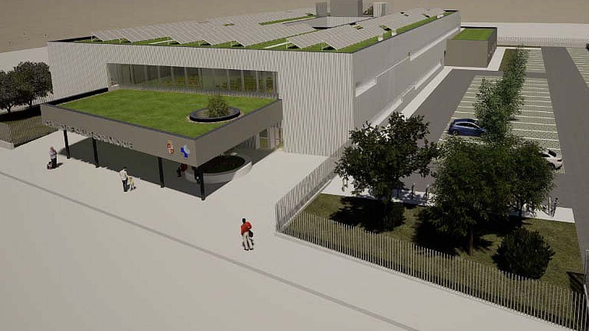 Recreación del futuro Soria Norte con la zona de aparcamiento.
