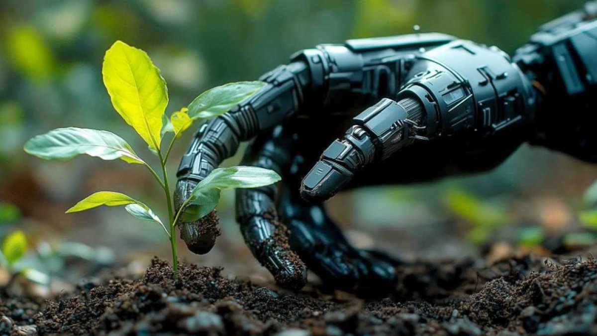 Una mano robótica se acerca a un brote de un cultivo en una simulación generada con Inteligencia Artificial.