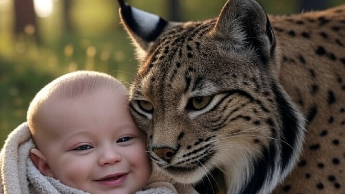 Un bebé humano junto a un lince en una imagen creada con inteligencia artificial y propósito ilustrativo.