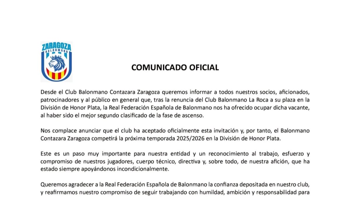 Comunicado del BM Zaragoza en el que reconoce su salto de categoría.
