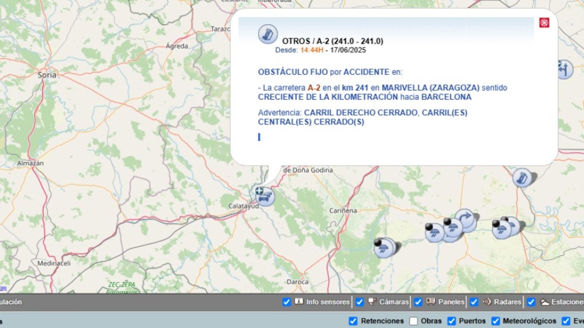 Aviso de la DGT en su mapa de incidencias en tiempo real.