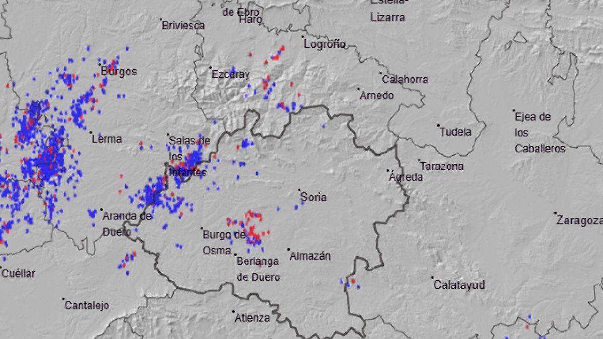 Mapa de la Aemet con los rayos caídos en Soria entre las 15.00 y las 16.00 horas de este sábado.