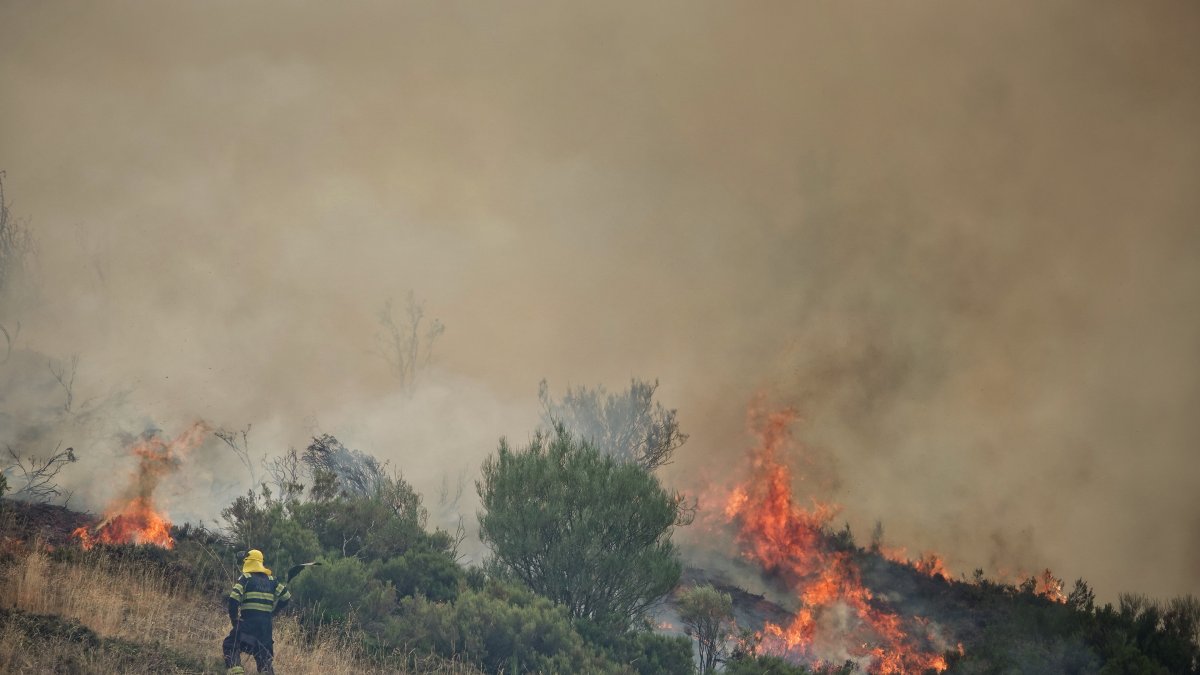 Varias personas tratan de extinguir un fuego, a 19 de agosto de 2025, en el Puerto de San Glorio, León.