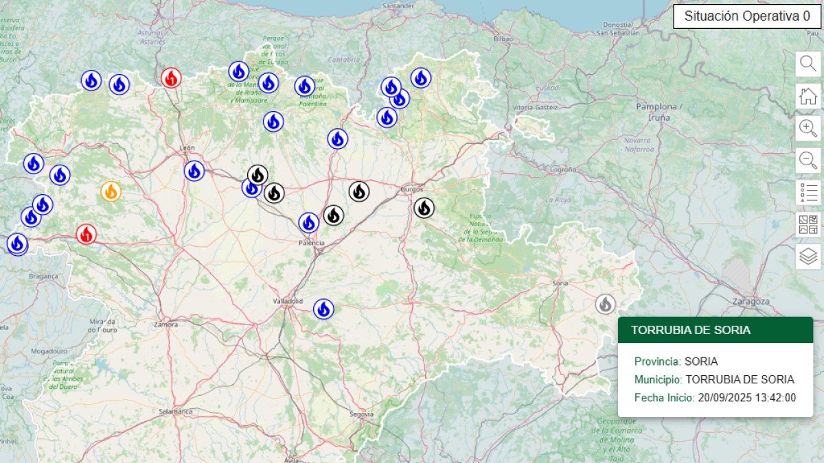 Mapa de incendios forestales en Castilla y León a las 18.00 horas del 20 de septiembre.