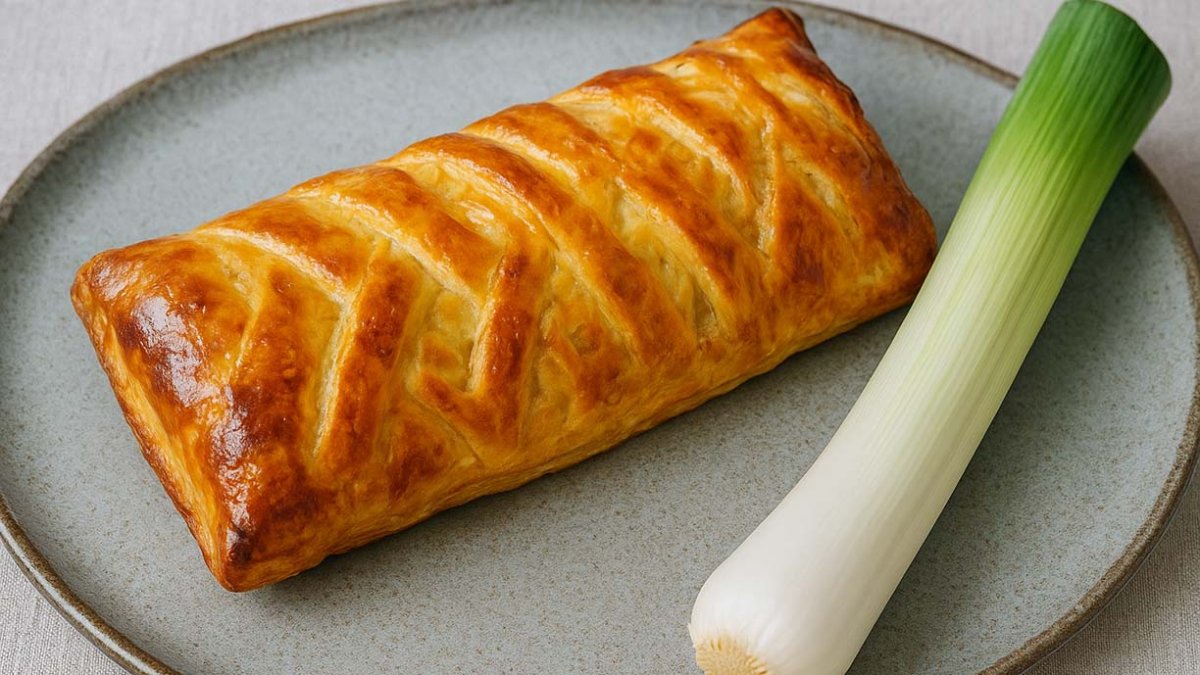 Imagen de un hojaldre junto a un puerro con tratamiento de IA.