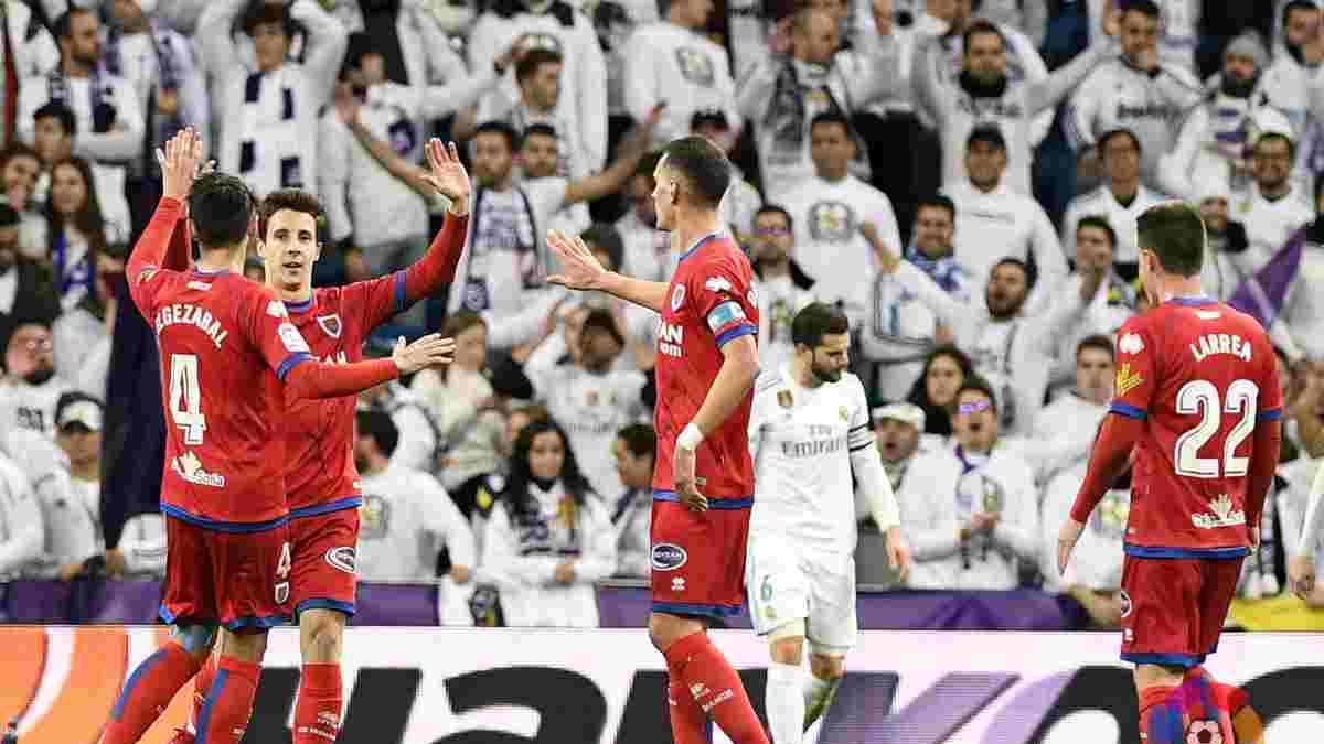 Guillermo celebra uno de sus dos goles con el Numancia en la visita al Santiago Bernabéu en la Copa del Rey en enero de 2018.