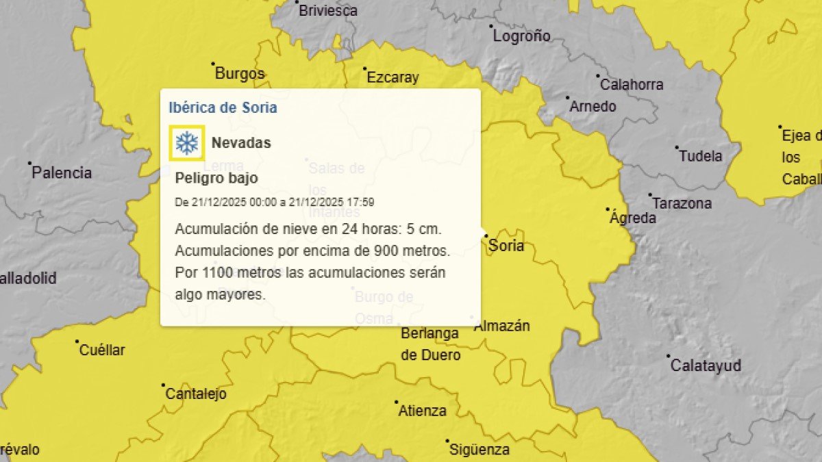 Aviso amarillo de la Aemet para este domingo en Soria y zonas adyacentes.