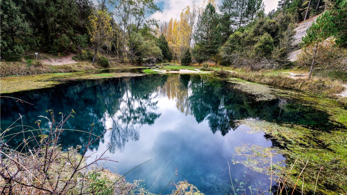 Desde lo alto, el enclave revela su forma de embudo y la vegetación que bordea este manantial de origen kárstico.