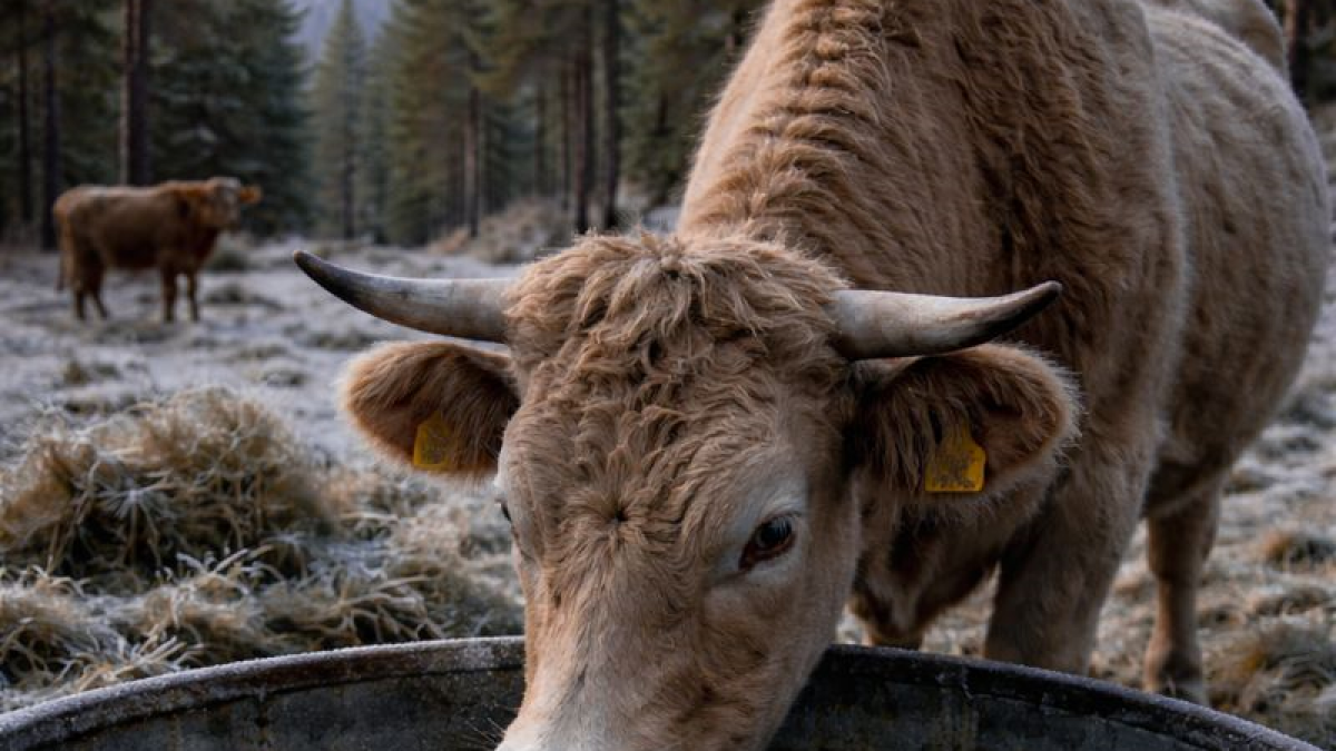Vaca intentando beber en un bidón con agua helada en una recreación con IA
