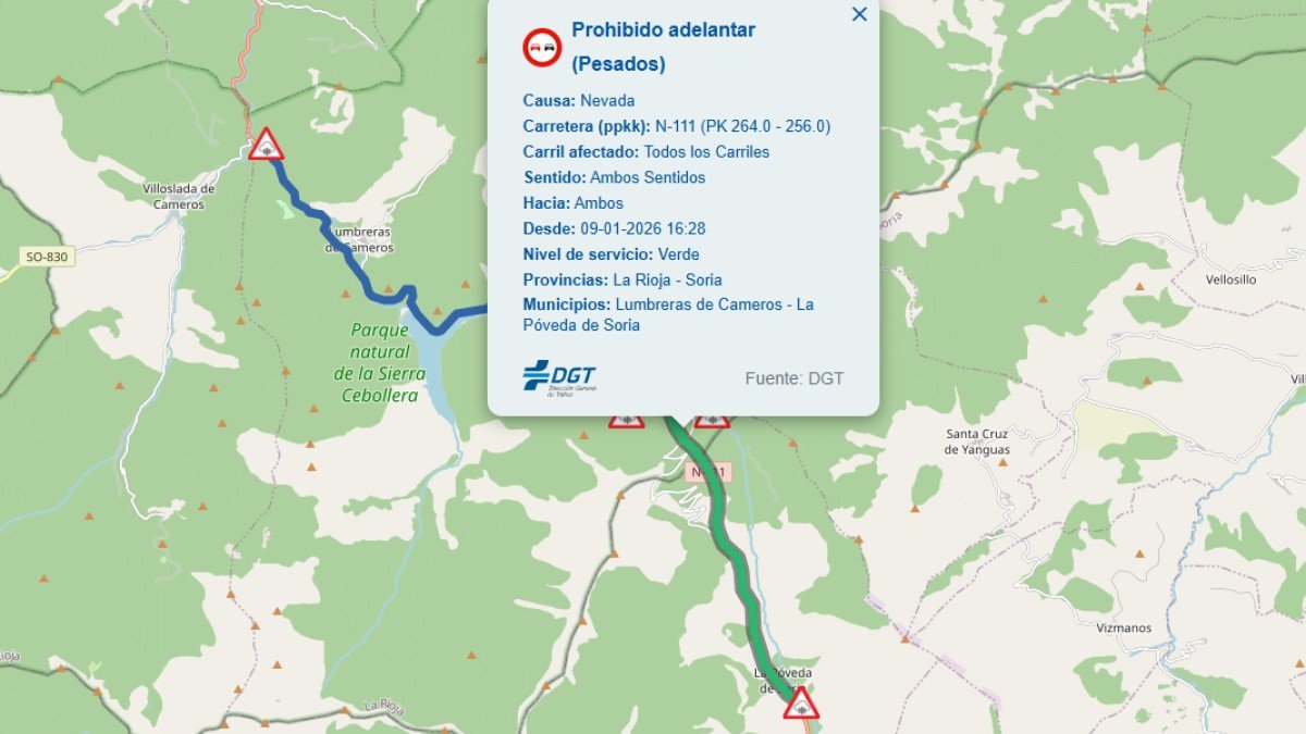 Aviso de la DGT por nieve en la tarde de este viernes en Piqueras.