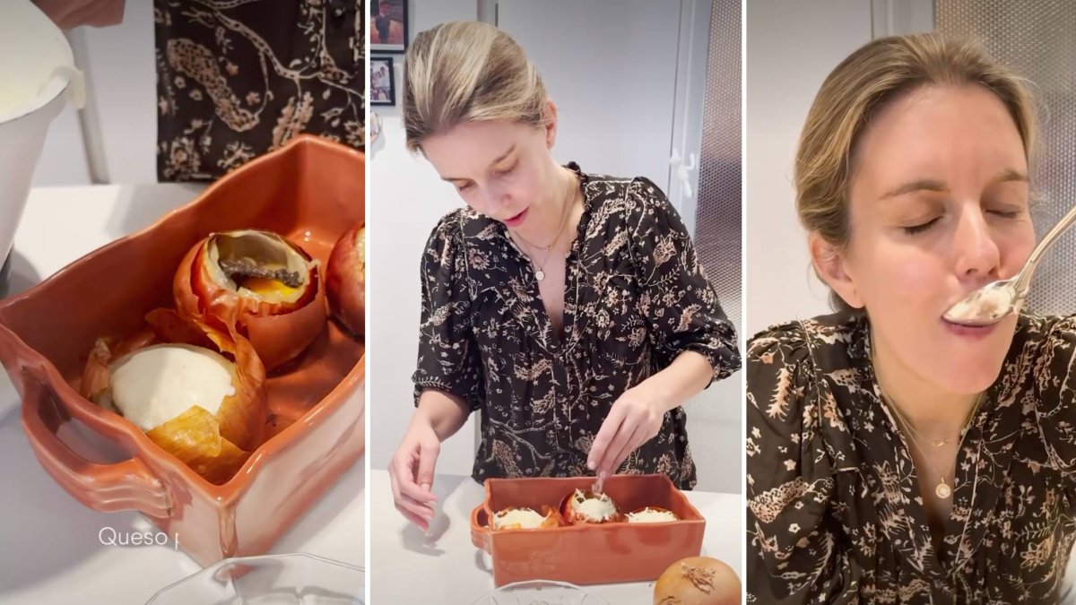 Cristina Oria en el proceso de elaboración de su receta favorita: cebollas asadas rellenas de sopa trufada, yema cruda y bechamel cremosa, una versión del clásico plato soriano que ha conquistado su paladar.