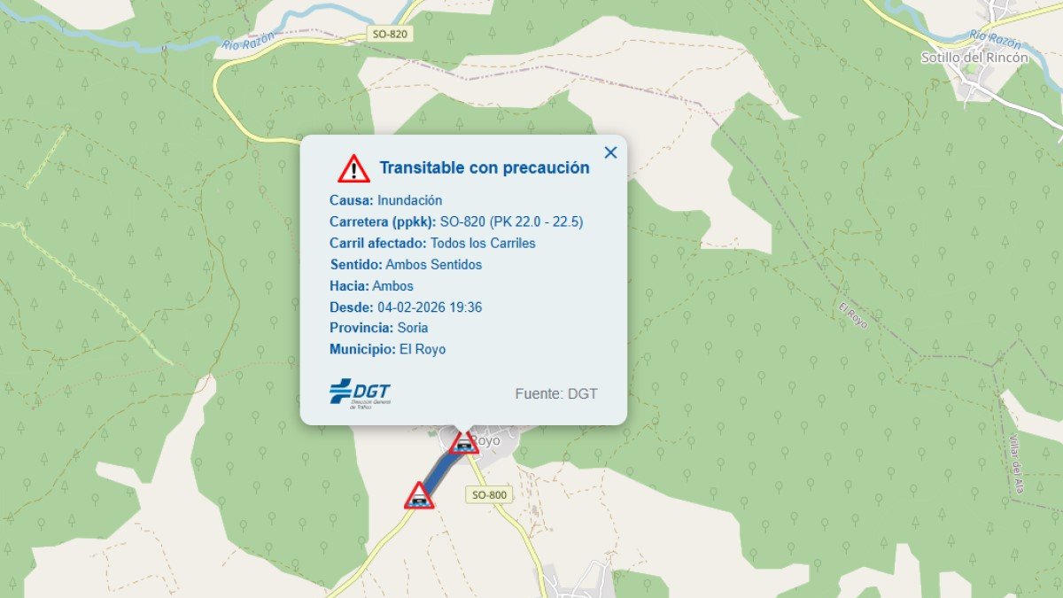 Aviso de la DGT sobre el tramo de carretera afectado por inundación.