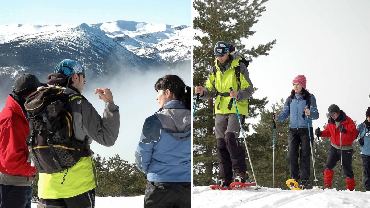 Un grupo de excursionistas avanza con raquetas de nieve durante una ruta guiada en el punto de nieve de Santa Inés, uno de los planes de invierno más populares de Soria
