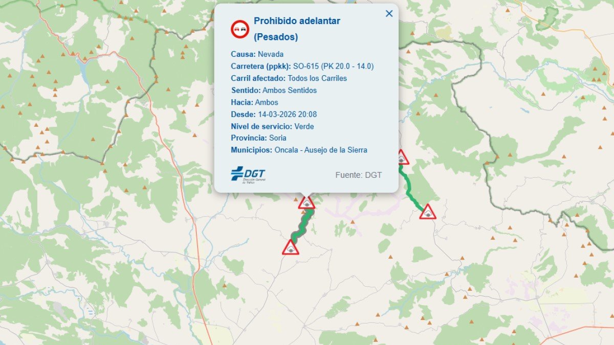 Avisos de la DGT por nieve en Soria a media mañana del domingo.