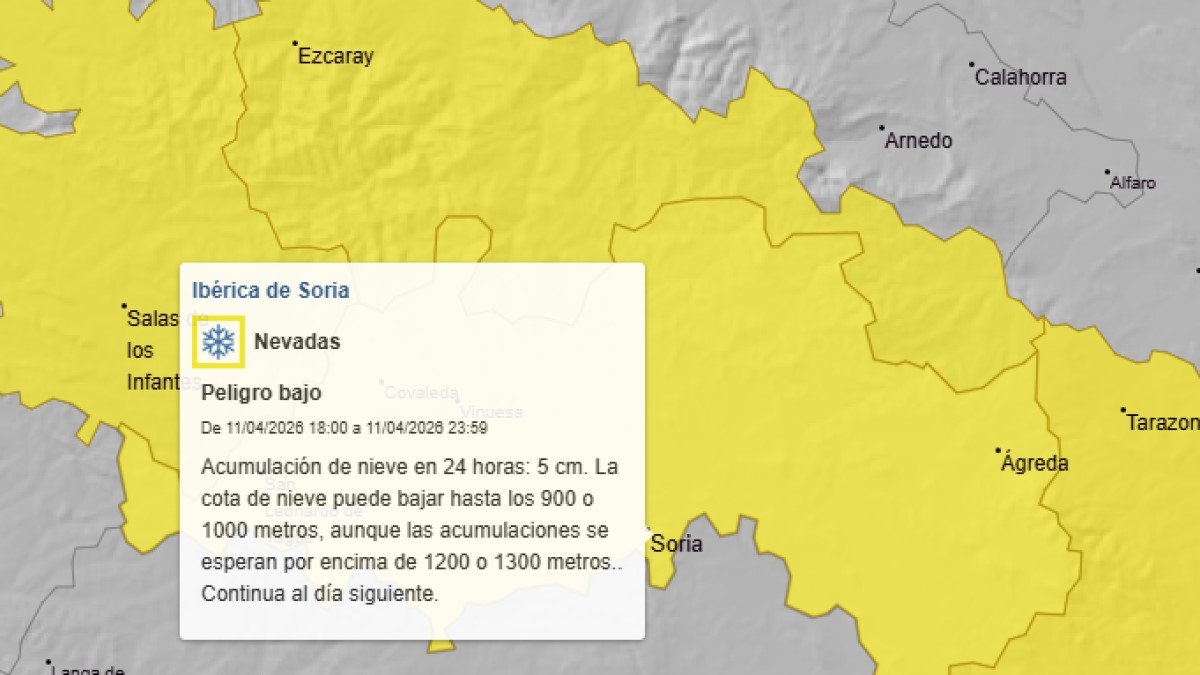 Mapa con el aviso amarillo de la Aemet por nieve en el norte de Soria desde la tarde del sábado.