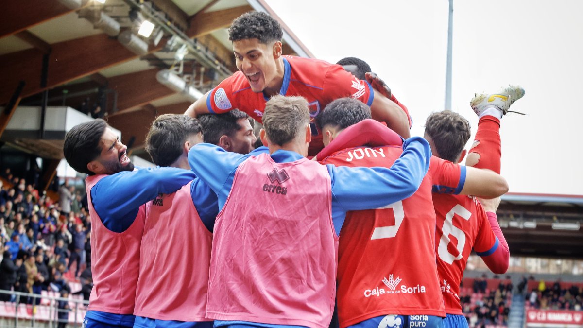 Los jugadores del Numancia celebran uno de los goles anotado ante el Real Ávila.