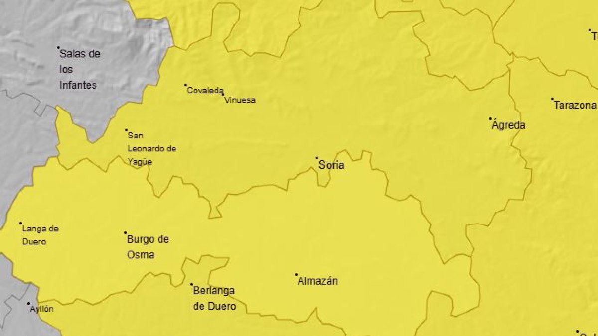 Mapa de la Aemet con la provincia de Soria esta tarde en aviso amarillo.