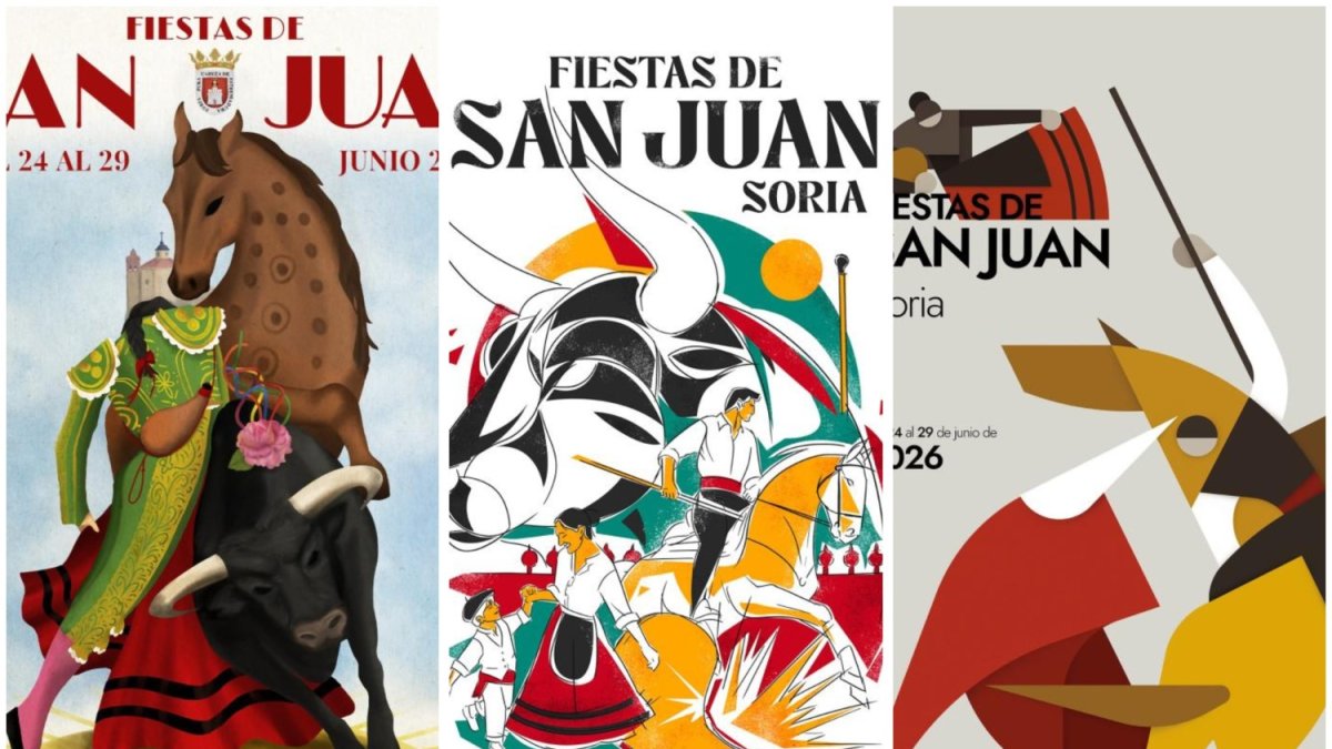 Carteles que optan a ser la imagen de las Fiestas de San Juan 2026 de Soria tras la retirada de un cuarto candidato.