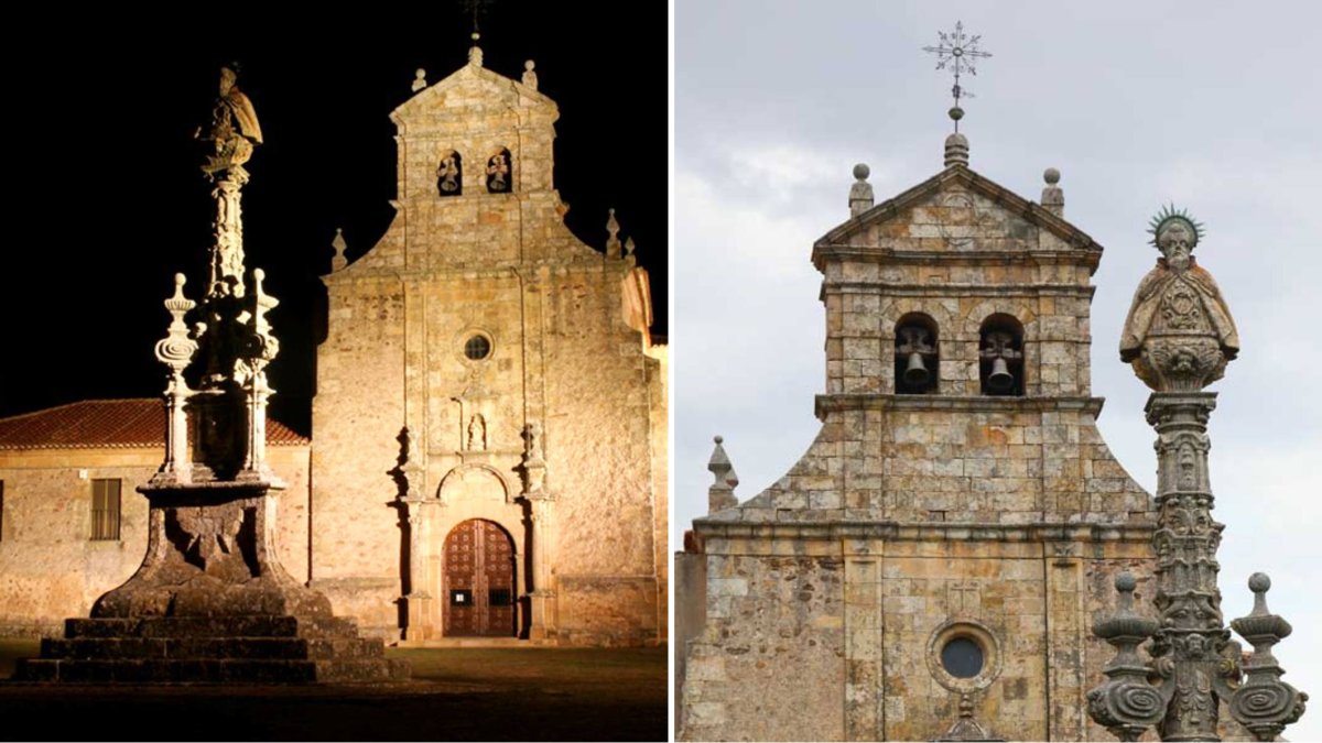 El obelisco barroco con el busto de San Saturio, situado en la entrada de la ermita del Mirón, uno de los puntos clave de la devoción popular en Soria