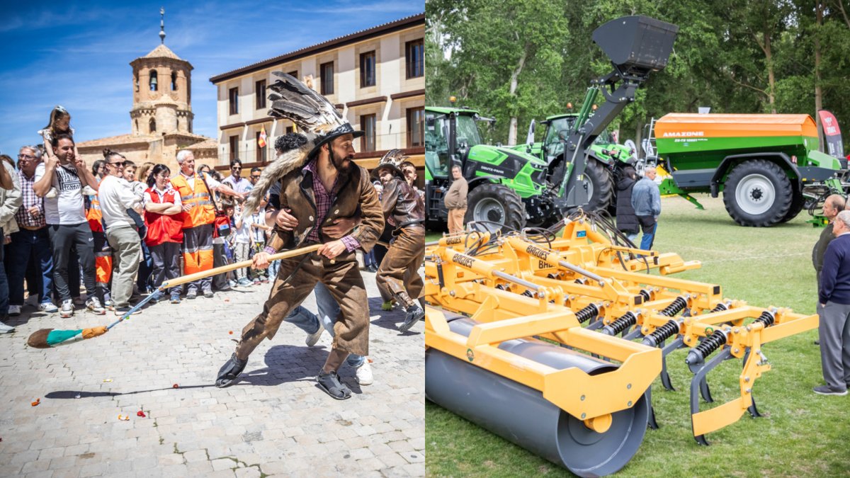 A la izquierda, un zarrón en la plaza Mayor de Almazán y a la derecha, maquinaria agrícola en La Arboleda.