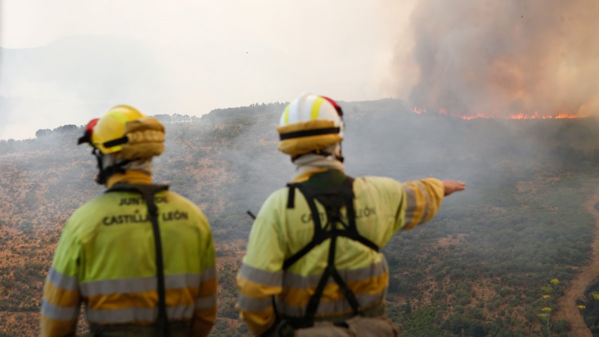 Varios bomberos observan el incendio forestal, a 24 de agosto de 2025, en La Baña, Encinedo, La Cabrera, León, Castilla y León (España).