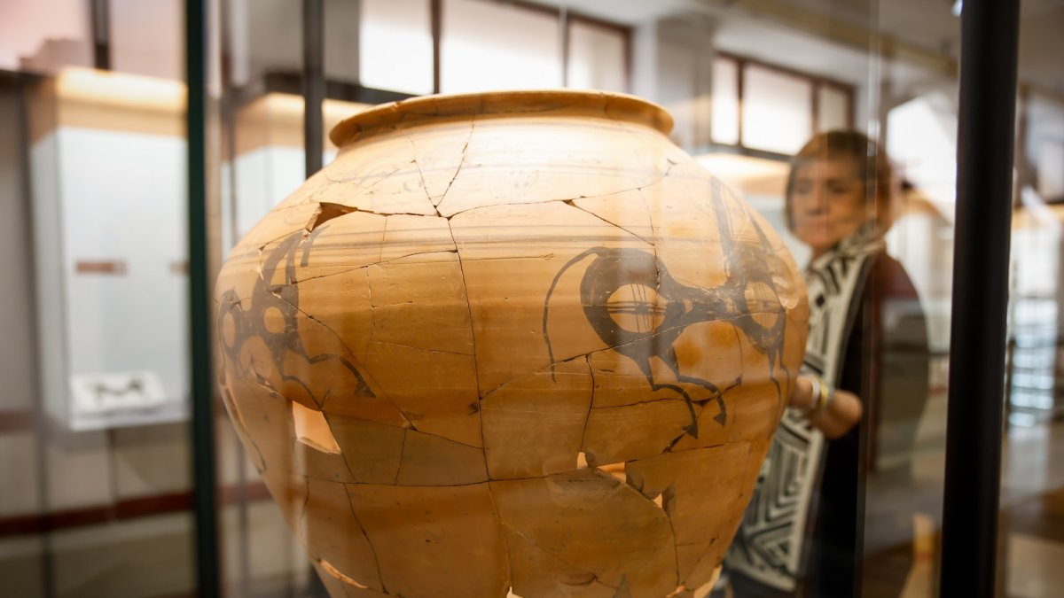 La directora del Museo en la zona dedicada a Numancia.