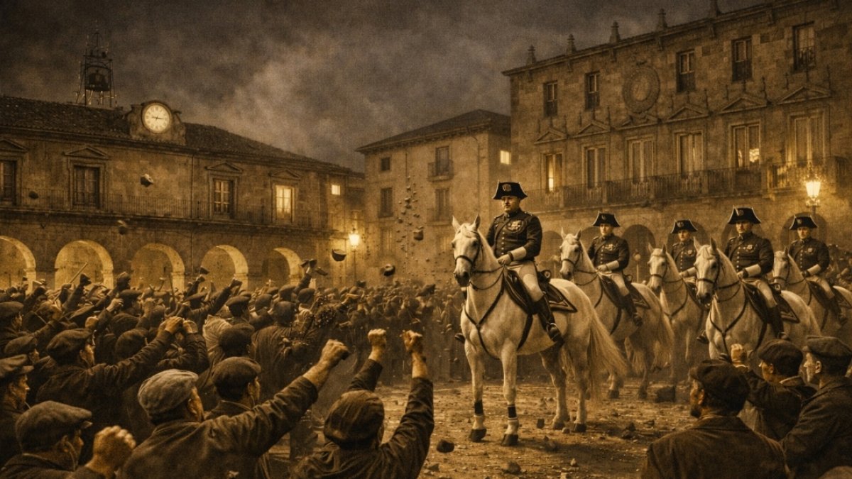 «Mandaba la fuerza el capitán Lafita, quien actuó con gran acierto: dispuso que la Benemérita permaneciese inactiva mientras hablaba con los amotinados».Imagen generada con IA