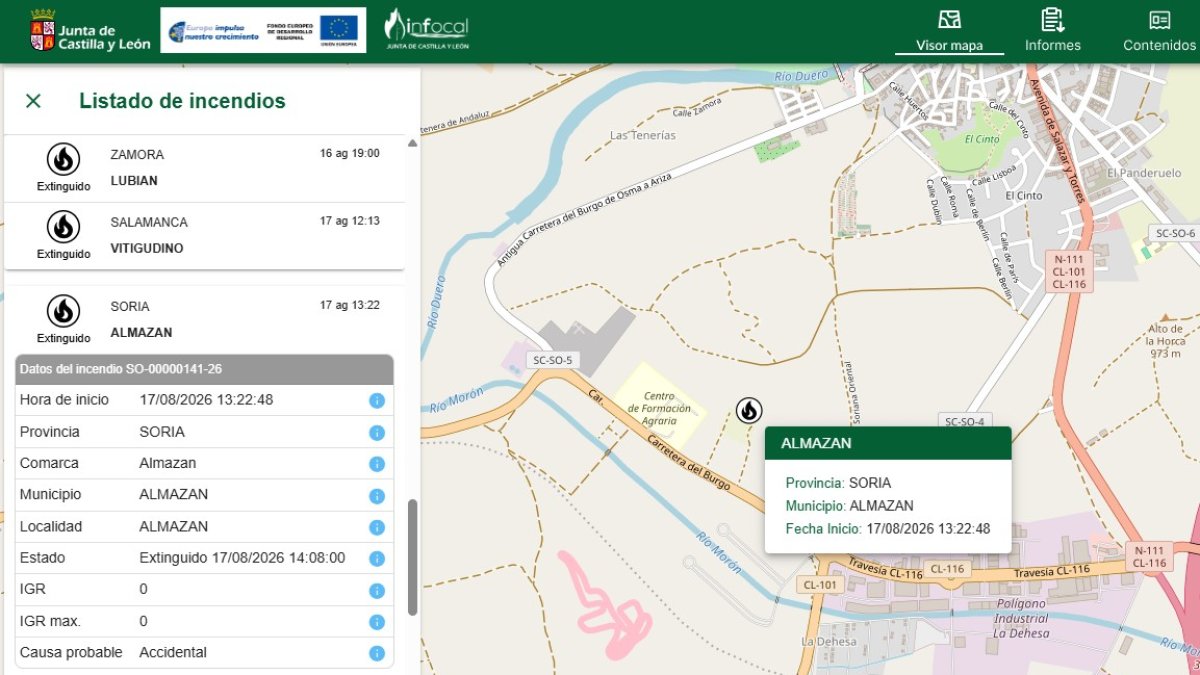 Reseña del incendio en Almazán en el sistema Inforcyl.