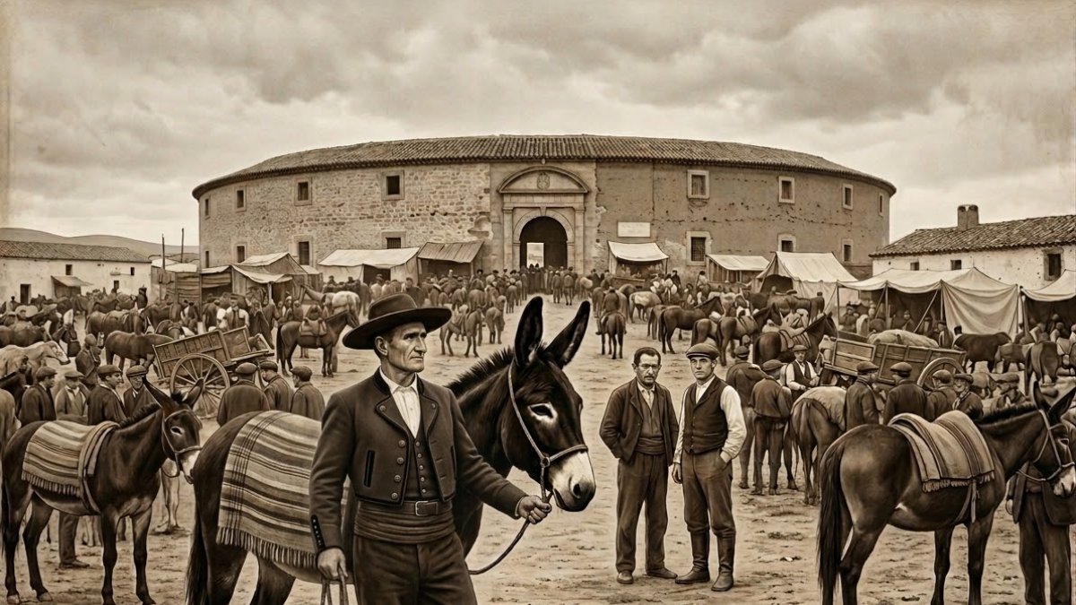 Recreación por IA de una feria de ganado antigua.