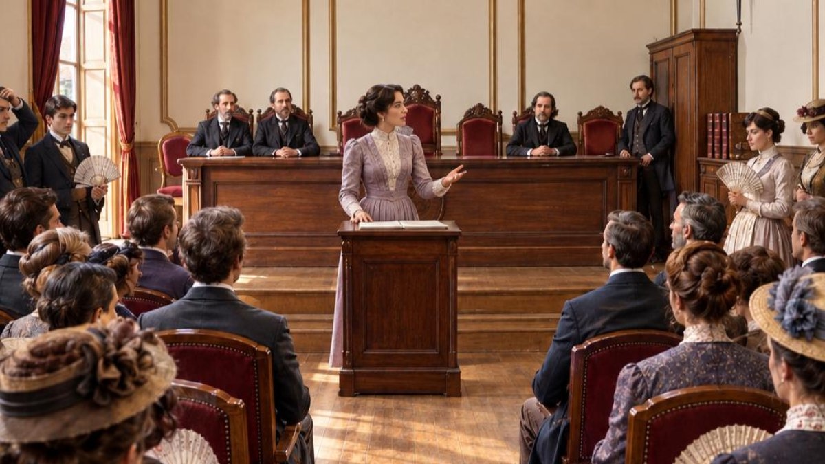 «El salón de actos —hoy «Salón Rojo»— estaba abarrotado». Imagen generada con IA.