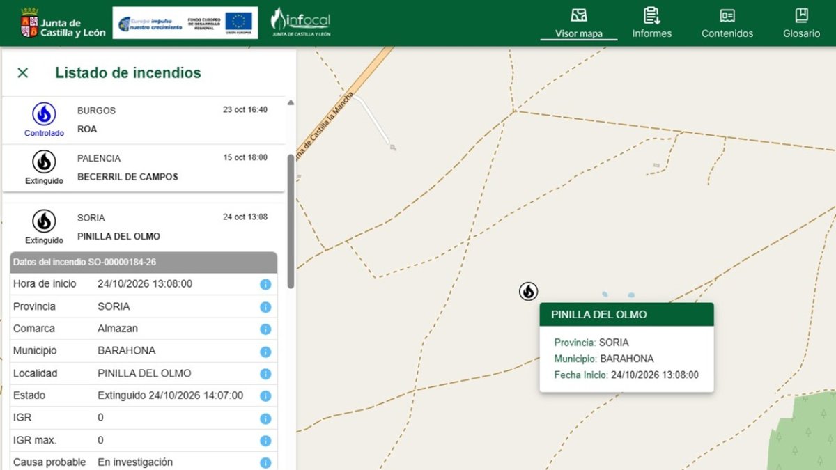 Detalle de la ubicación del incendio en el sistema Inforcyl.