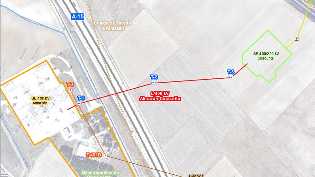 Línea eléctrica de 400 KV de conexión entre la subestación de Almazán y la nueva de Coscurita.