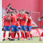 Los jugadores del Numancia celebran el gol de De Frutos que daba la victoria ante el Talavera.