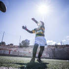 Un joven jugador de rugby durante un acto en Soria.