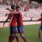 Los jugadores del Numancia celebrando el que era el momentáneo 1-0 obra de Ribeiro.